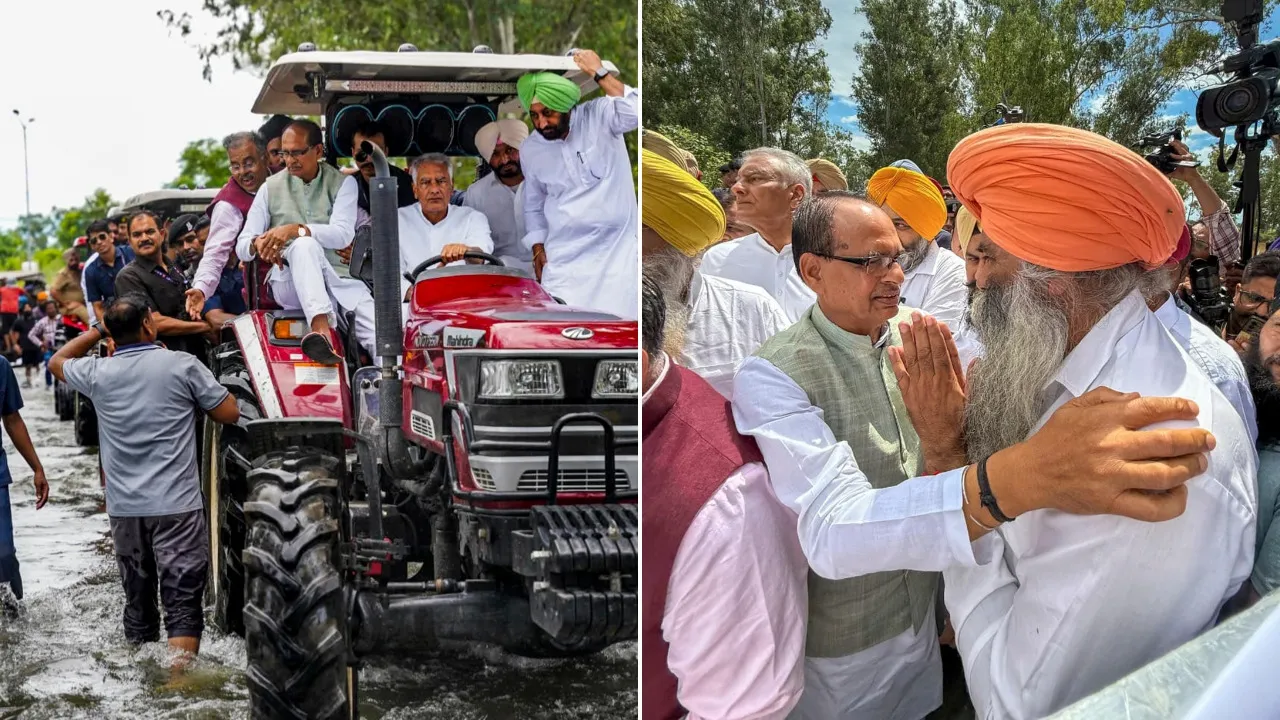 Union Minister for Agriculture and Farmers Welfare Shivraj Singh Chouhan and BJP National General Secretary Tarun Chugh during a visit at a flood-affected area in Punjab on Thursday, Sept 4, 2025.