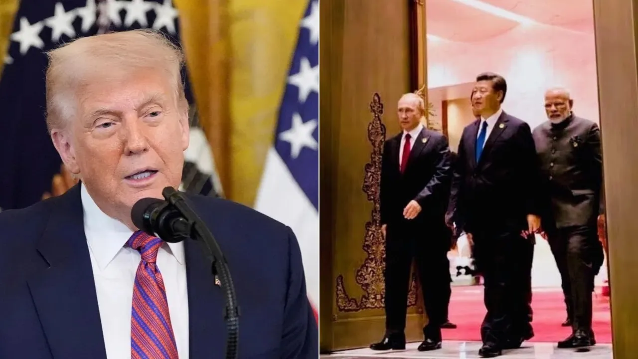 Donald Trump (left) and Vladimir Putin, Xi Jinping and Narendra Modi (right)