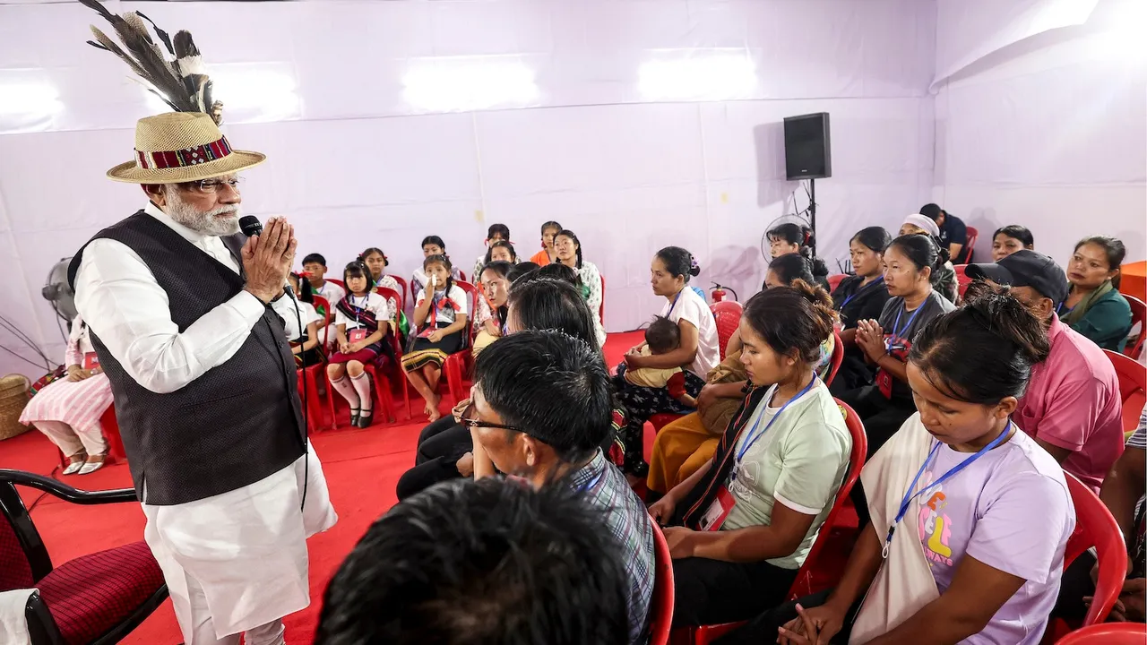 Narendra Modi during meeting with violence-affected people at relief camp, in Churachandpur, Manipur on Saturday, September 13, 2025.