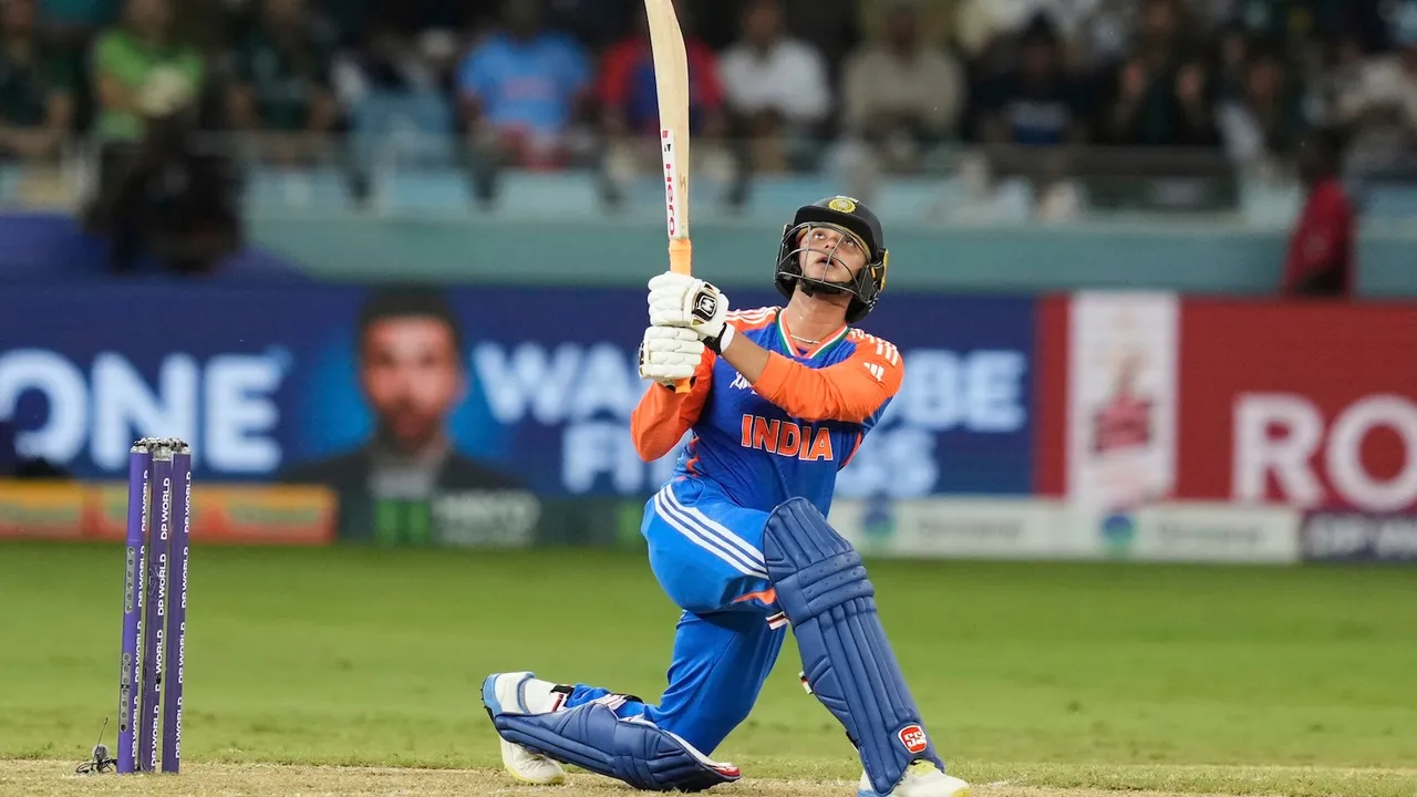 Abhishek Sharma hits a six during the Asia Cup cricket match between India and Pakistan at Dubai International Cricket Stadium, United Arab Emirates, Sunday, Sept. 21, 2025.AP/PTI