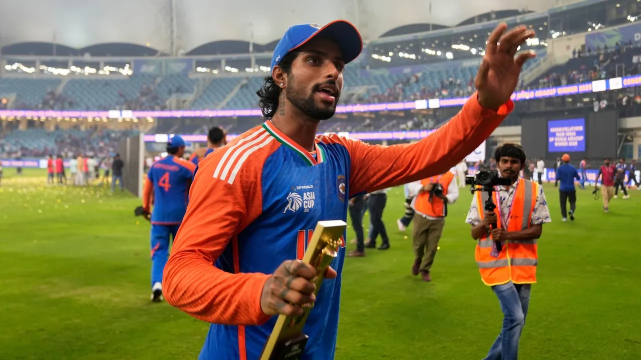 Tilak Varma greets fans after India won the Asia Cup cricket final against Pakistan at Dubai International Cricket Stadium, UAE on Sunday, Sept 28, 2025.
