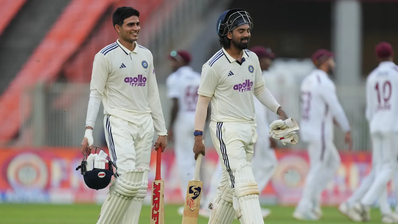 India's captain Shubman Gill, left, and KL Rahul walks off the field after the end of play of the first day of the first Test cricket match between India and West Indies at Narendra Modi Stadium in Ahmedabad, India, Thursday, Oct. 2, 2025. AP/PTI
