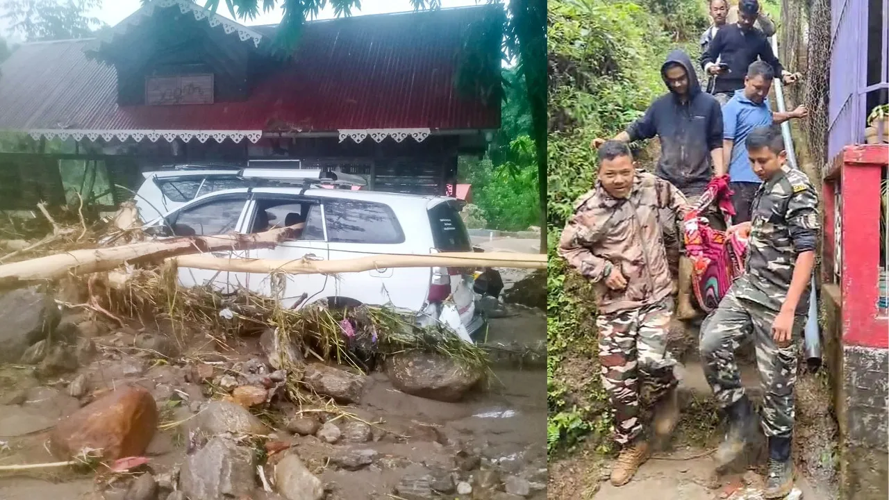 Security personnel rescue people from an affected area after landslides due to heavy rainfall, in Darjeeling district, West Bengal, Sunday, Oct. 5, 2025.