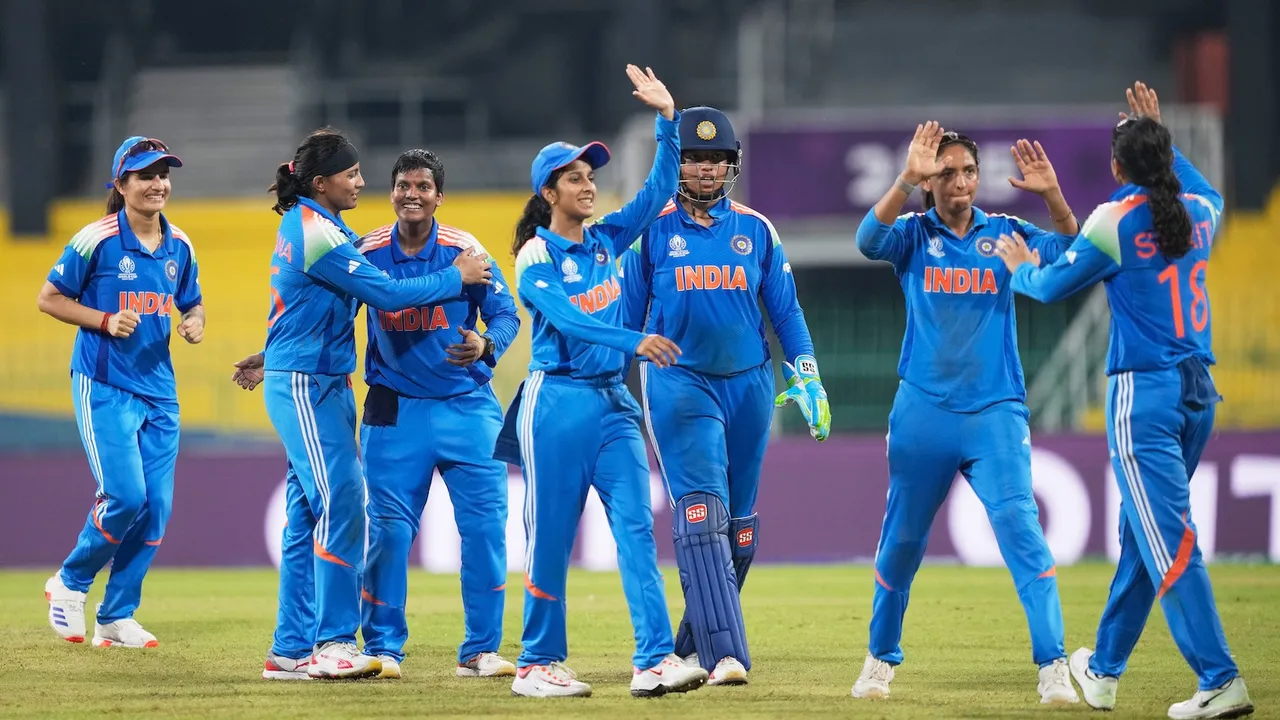 India's Deepti Sharma and team members celebrate the wicket of Pakistan's captain Fatima Sana during the ICC Women's Cricket World Cup match between India and Pakistan at Premadasa Stadium in Colombo, Sri Lanka, Sunday, Oct, 5, 2025. AP/PTI