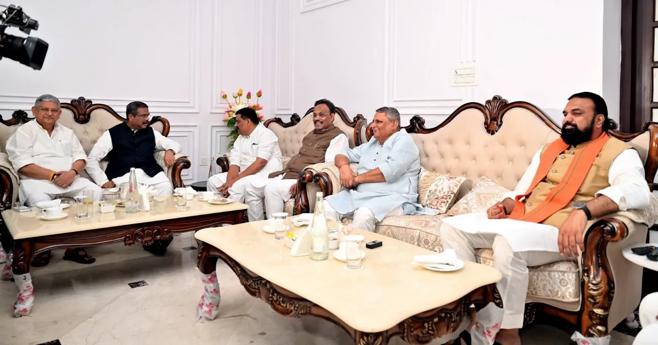 In this image posted on Oct. 10, 2025, from left, JD(U) leader Rajiv Ranjan Singh, BJP in-charge for Bihar polls Dharmendra Pradhan, JD(U) MP Sanjay Kumar Jha, BJP in-charge of Bihar Vinod Tawde, state minister Vijay Kumar Choudhary and state Deputy CM Samrat Choudhary during a meeting of the leaders of the NDA constituent parties regarding the Bihar Assembly elections.