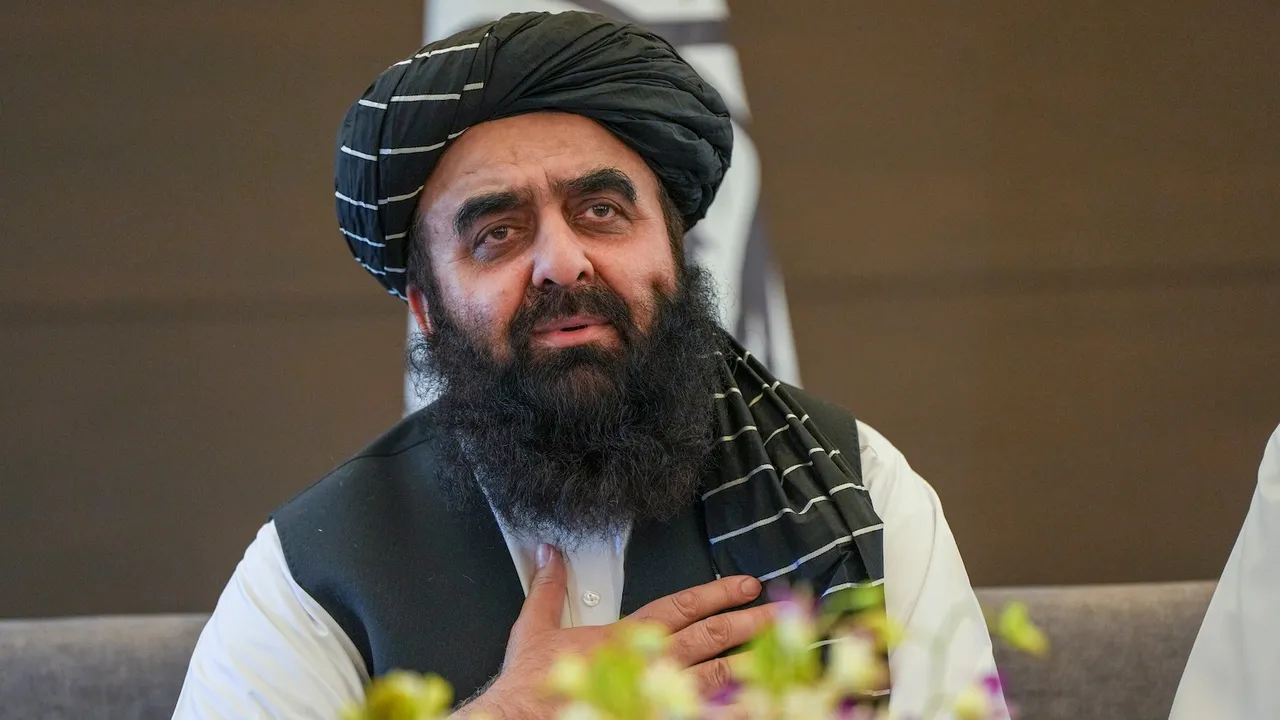 Afghanistan Foreign Minister Amir Khan Muttaqi addresses a press conference, in New Delhi, Sunday, Oct. 12, 2025.