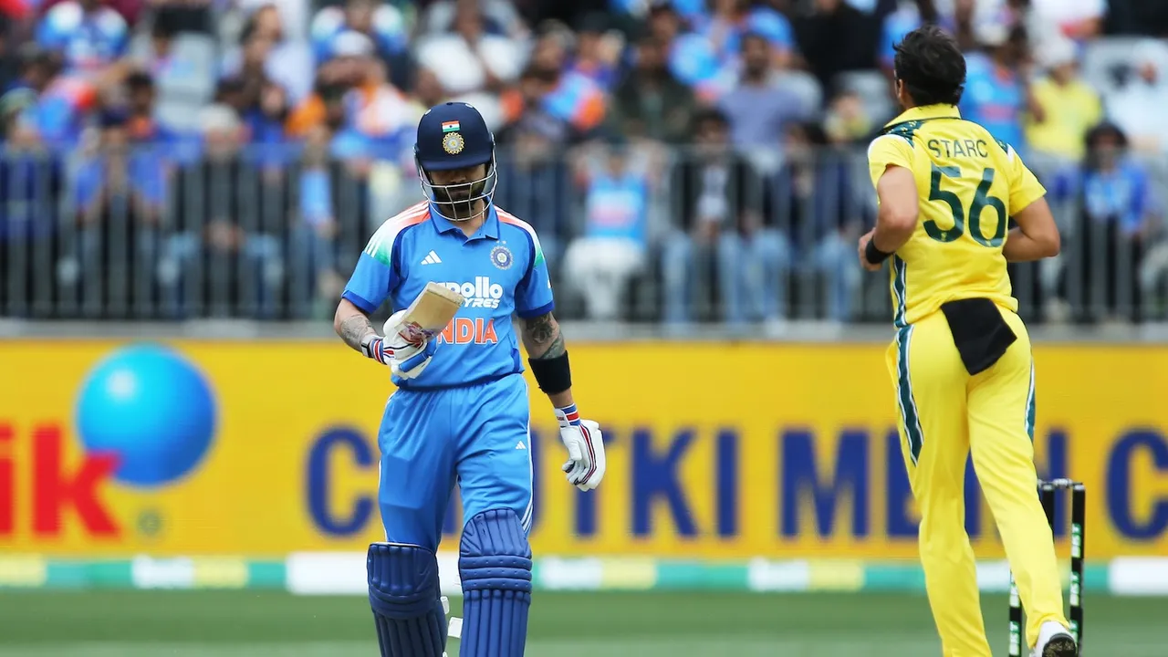 Virat Kohli walks off after being dismissed by Australia's Mitchell Starc during the one day international cricket match between Australia and India in Perth Australia, Sunday, Oct. 19, 2025.