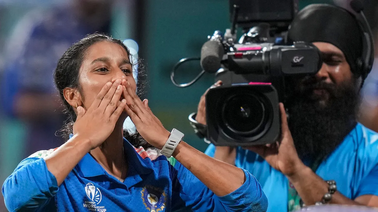 Jemimah Rodrigues reacts after winning in the ICC Women's World Cup semifinal ODI cricket match between India Women and Australia Women, at the DY Patil Stadium, in Navi Mumbai, Thursday, Oct. 30, 2025.