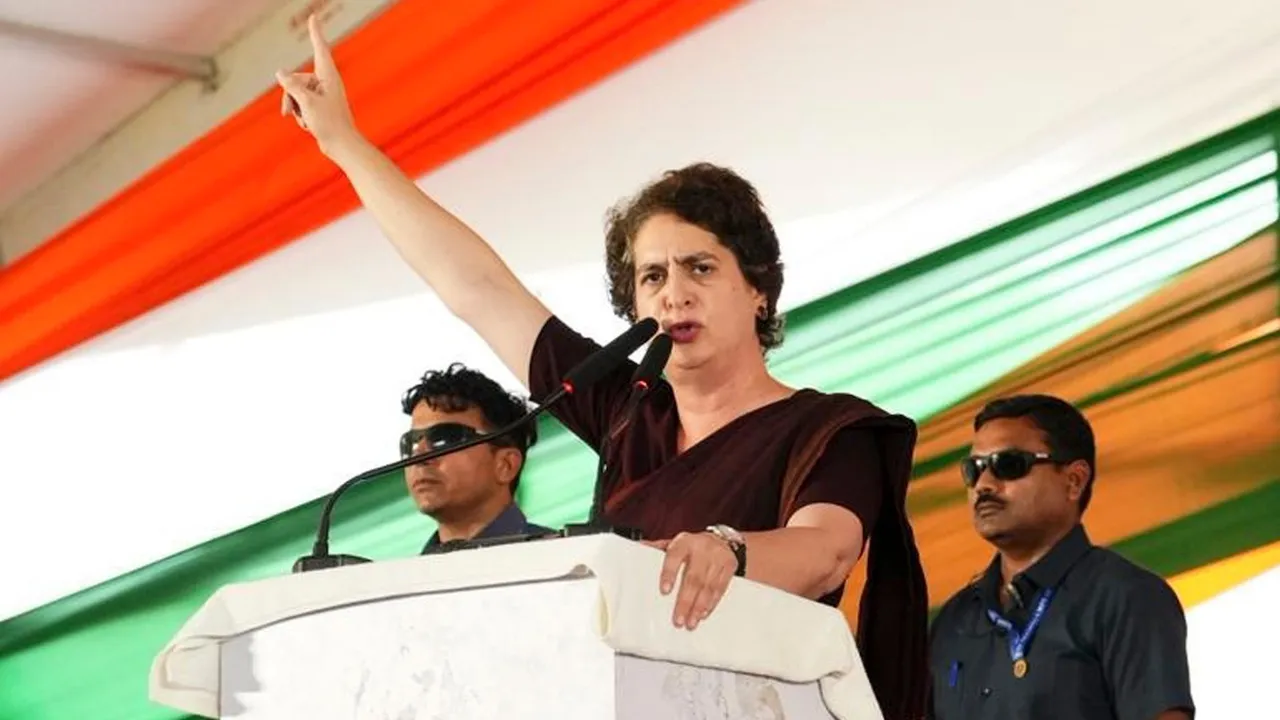 Congress MP Priyanka Gandhi Vadra addresses a public meeting ahead of Bihar Assembly elections, in Begusarai district, Saturday, Nov. 1, 2025.