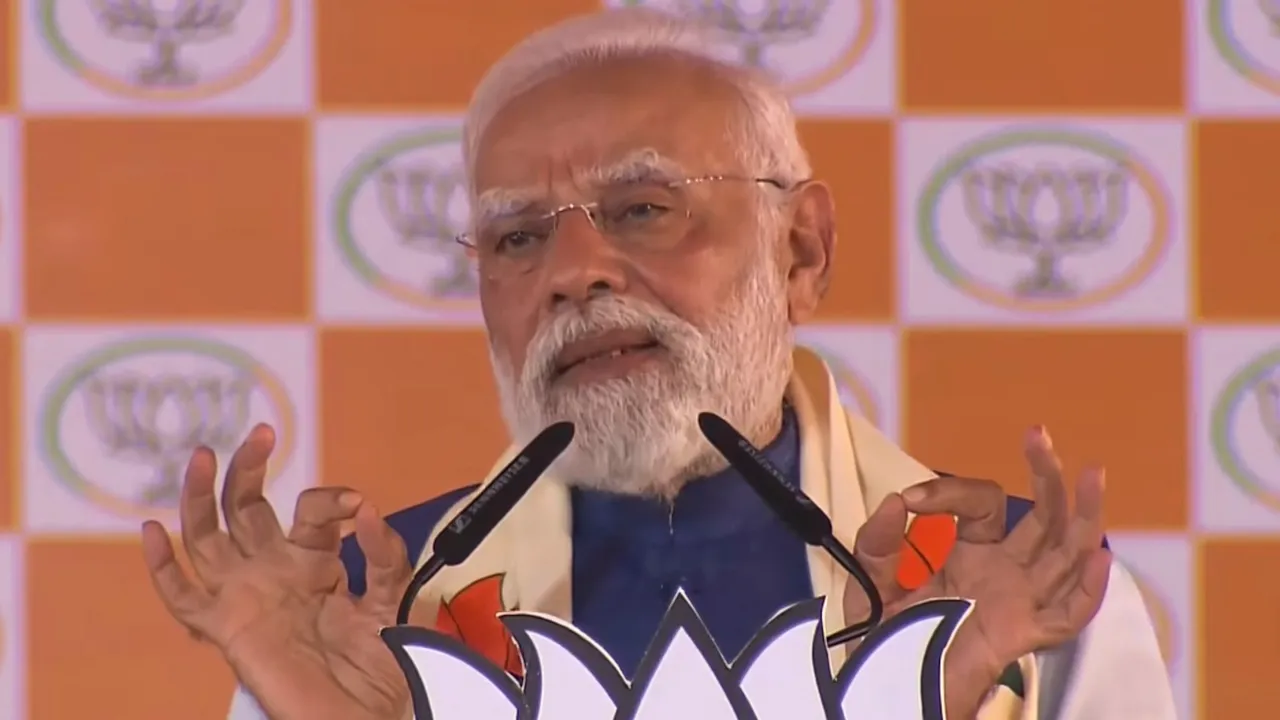 Narendra Modi addresses a public meeting ahead of Bihar Assembly elections, in Nawada, Bihar, on November 2, 2025.