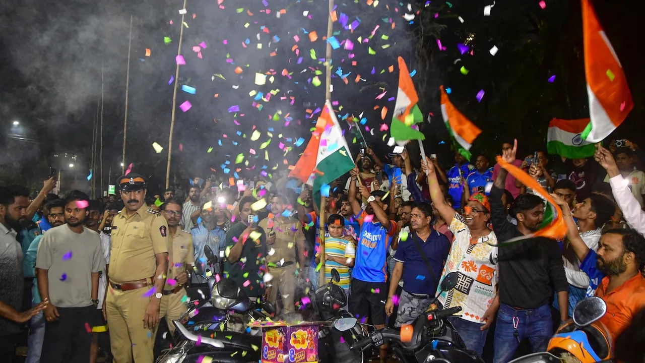 People celebrate after the Indian cricket team won the ICC Women's World Cup 2025, at Dadar, in Mumbai, Maharashtra, early Monday, Nov. 3, 2025.