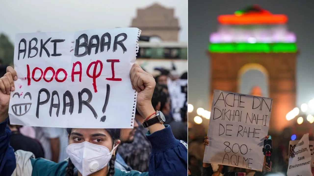 Demonstrators hold placards during a protest over the deteriorating air quality in the national capital region, in New Delhi, Sunday, Nov. 9, 2025.