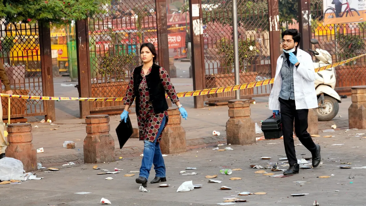 Forensic officials at the site in the aftermath of the blast that occurred near Red Fort Metro Station on Monday, killing at least nine people and gutting several vehicles, in New Delhi, Tuesday, Nov. 11, 2025.