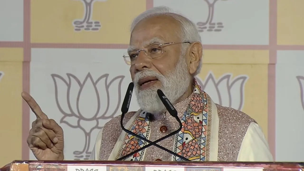 Prime Minister Narendra Modi addresses the victory rally at the BJP headquaters in New Delhi after NDA sweeps Bihar elections on Firday, Nov 14, 2025.