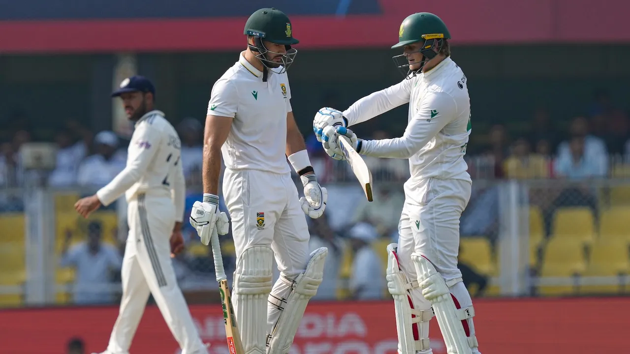 South Africa's Aiden Markram and Ryan Rickelton during the first day of the second Test cricket match between India and South Africa, at ACA Stadium, Barsapara in Guwahati, Saturday, Nov. 22, 2025.