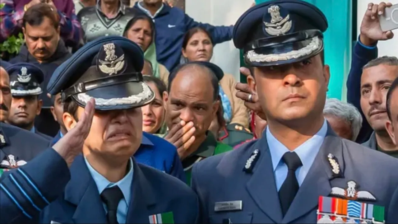 The IAF officer wife of Wing Commander Namansh Syal offers final salute to her husband on Sunday, Nov 23, 2025.
