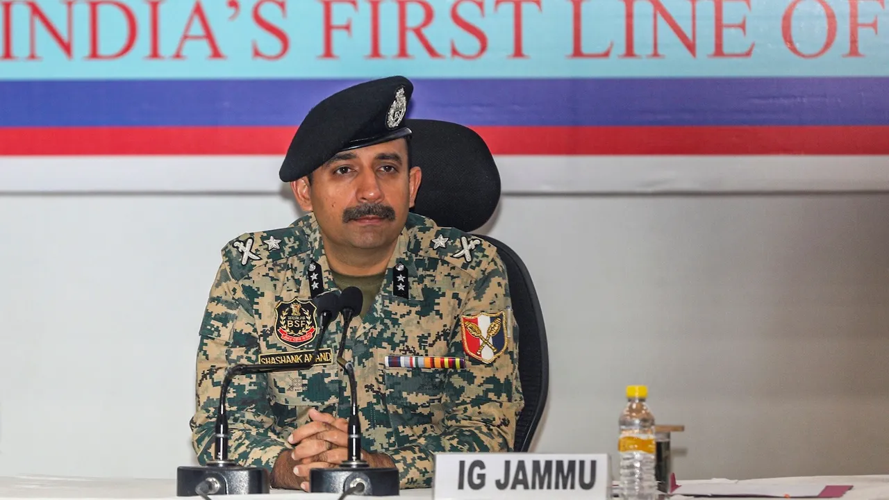 Inspector General (IG) of Border Security Force (BSF) Jammu frontier Shashank Anand addresses a press conference, at BSF headquarters, in Jammu, Saturday, Nov. 29, 2025.