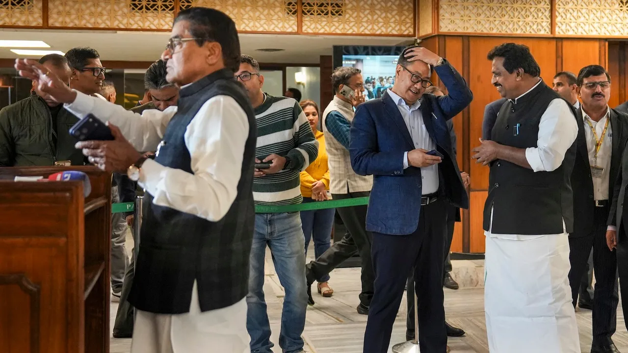 Union Minister of Parliamentary Affairs Kiren Rijiju, Samajwadi Party MP Ram Gopal Yadav, Congress MP K Suresh and others during the all-party meeting ahead of Parliament's winter session, in New Delhi, Sunday, Nov. 30, 2025.