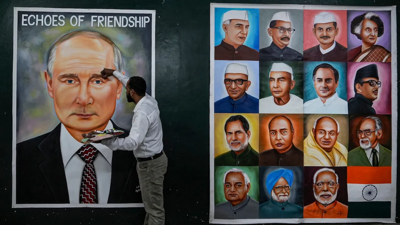 An artist makes a poster of Russian President Vladimir Putin, in Amritsar, Wednesday, Dec. 3, 2025. Portraits of prominent Indian leaders are seen on right.