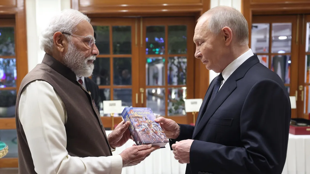 Prime Minsiter Narendra Modi presents a copy of the Gita in Russian to President Putin on Thursday, December 4, 2025.