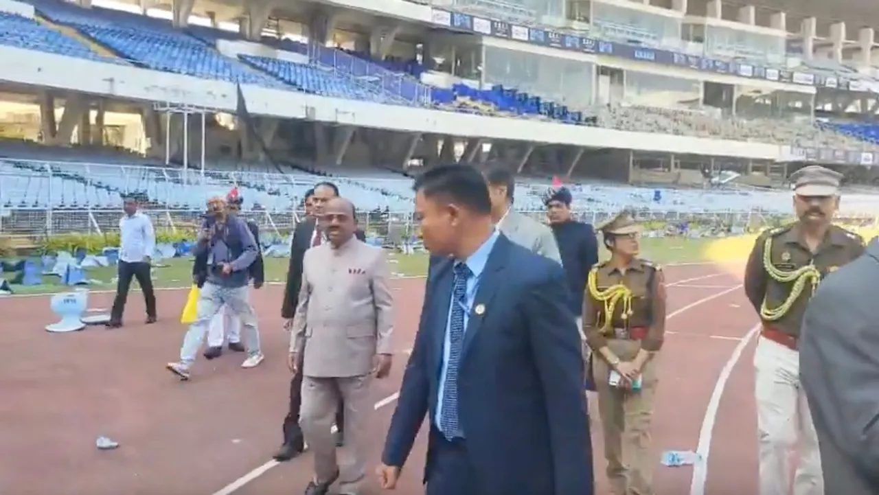 CV Ananda Bose visits the stadium with Chief Secretary of West Bengal, Manoj Pant, on Sunday, December 14, 2025.