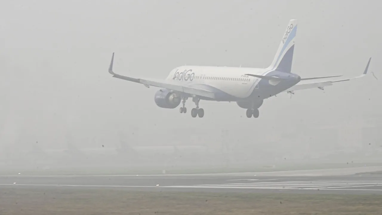 An airplane lands at Jay Prakash Narayan International Airport amid fog and low visibility, in Patna, Thursday, Dec. 18, 2025.