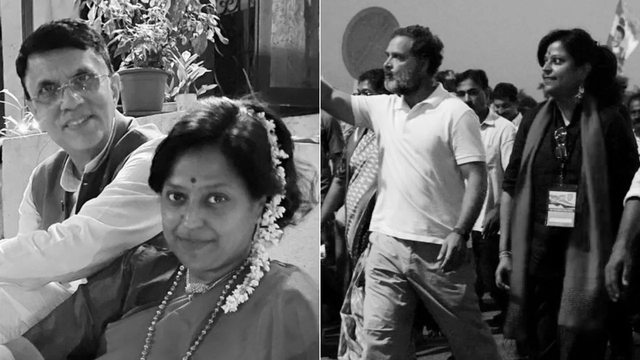 Neelima Kota with her husband Pawan Khera (left) and Leader of Opposition Rahul Gandhi (right)