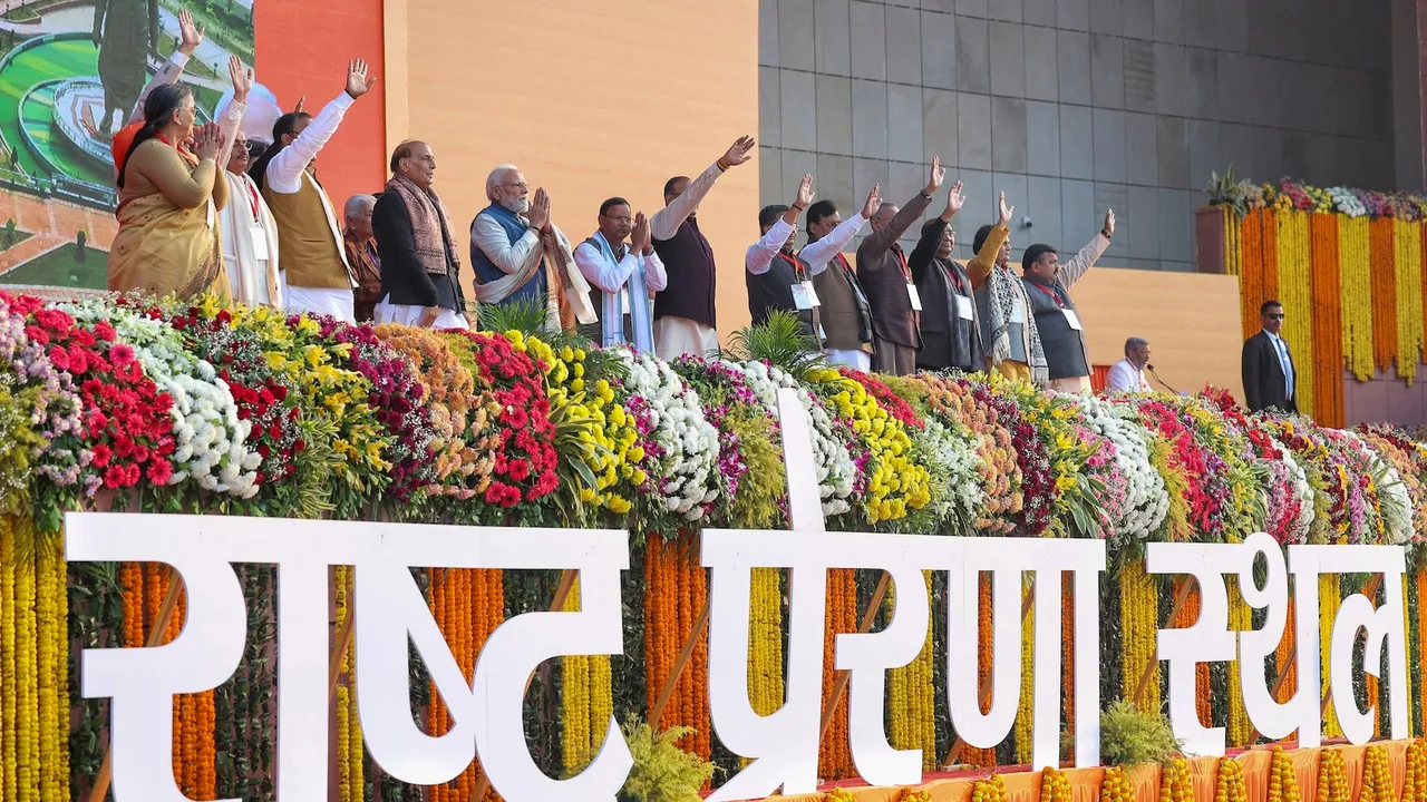 Narendra Modi with Rajnath Singh, Pankaj Chaudhary and others at a public meeting during the inauguration of 'Rashtriya Prerna Sthal' on the 101st birth anniversary of former prime minister Atal Bihari Vajpayee, in Lucknow.