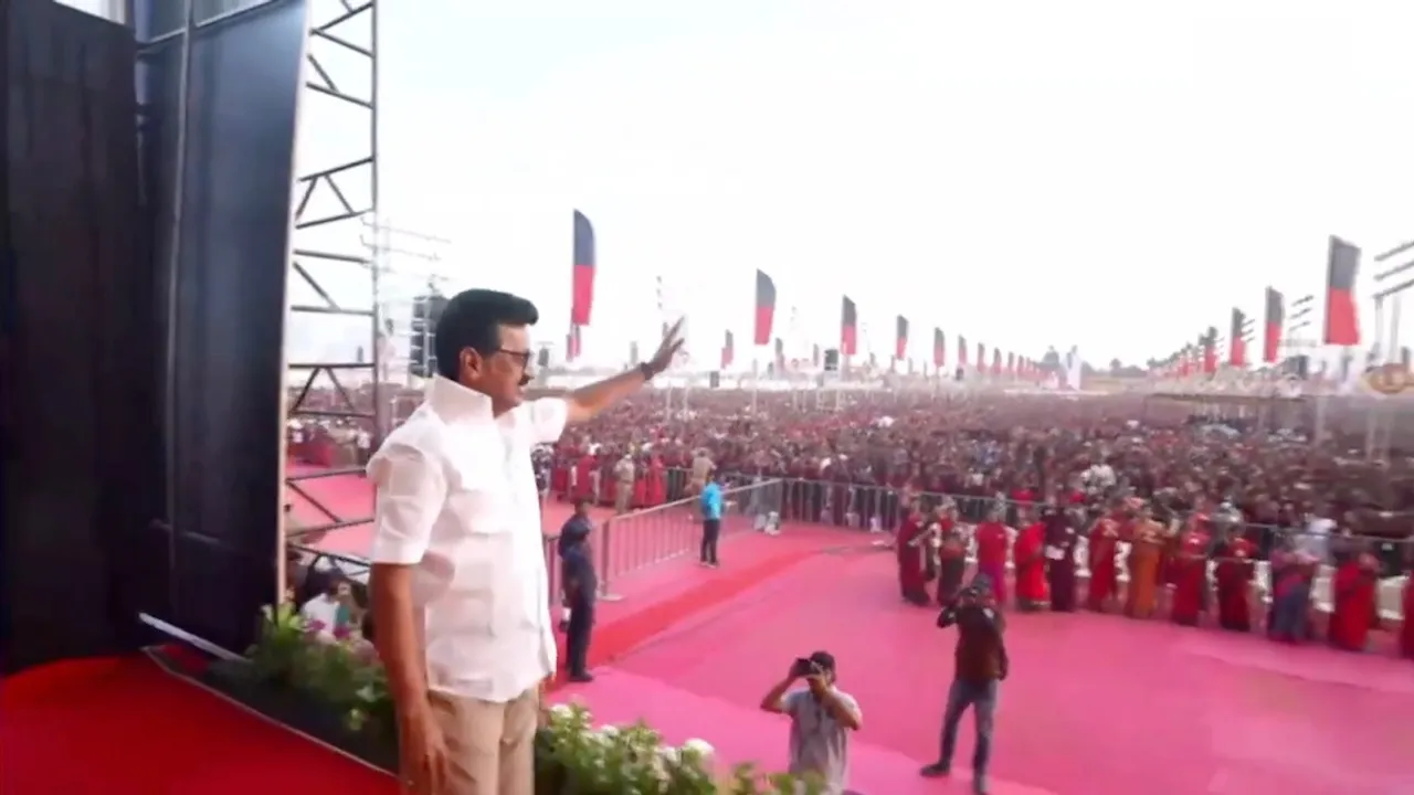 M K Stalin arrives for DMK women's wing conference in Palladam on Monday, December 29, 2025.