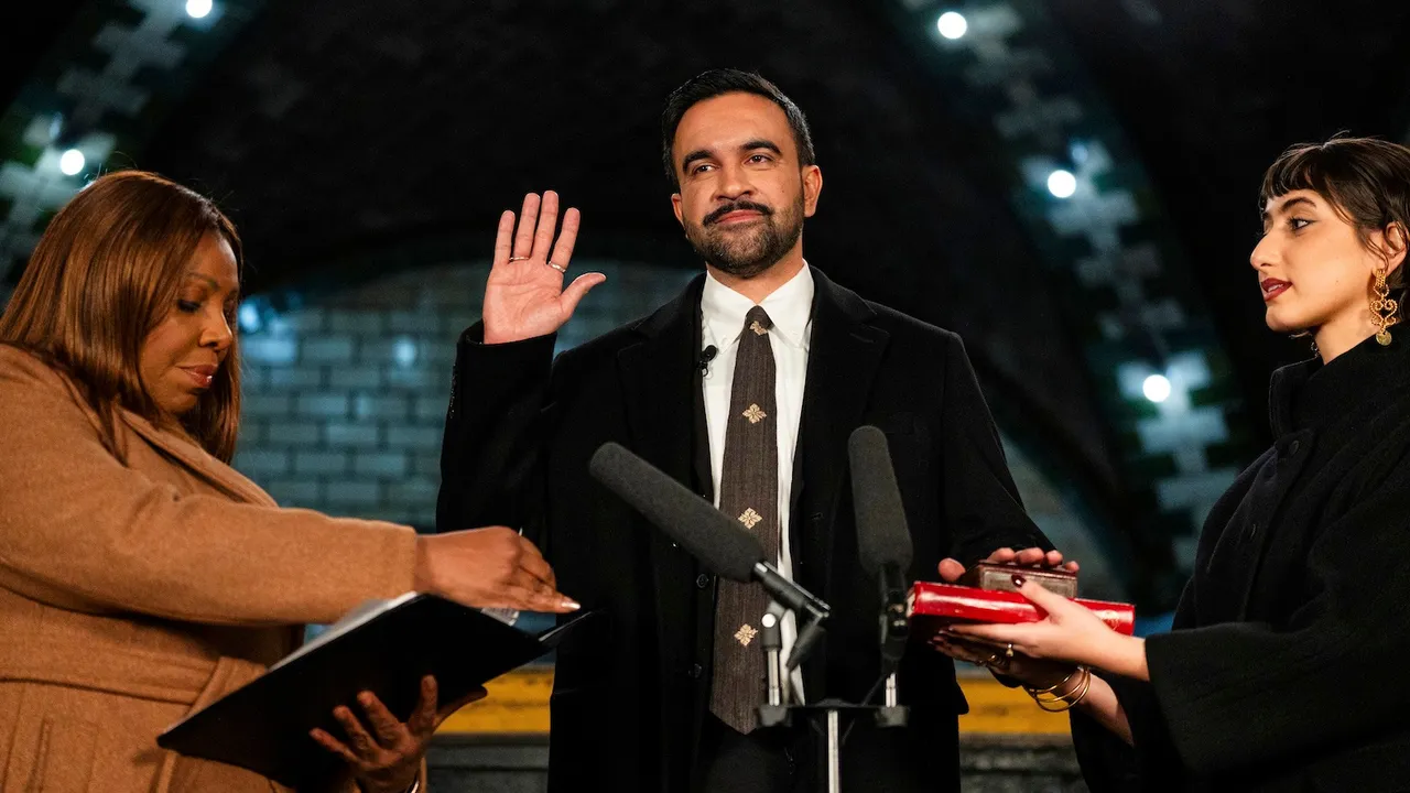 New York Attorney General Letitia James, left, administers the oath of office to mayor-elect Zohran Mamdani, center, as his wife Rama Duwaji looks on, Thursday, Jan. 1, 2026, in New York.