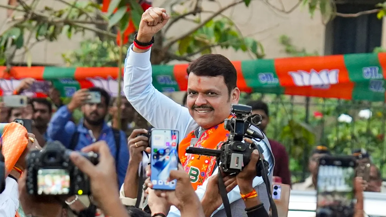 Devendra Fadnavis celebrates the party's victory in the BMC elections 2026, in Mumbai, Friday, Jan. 16, 2026.