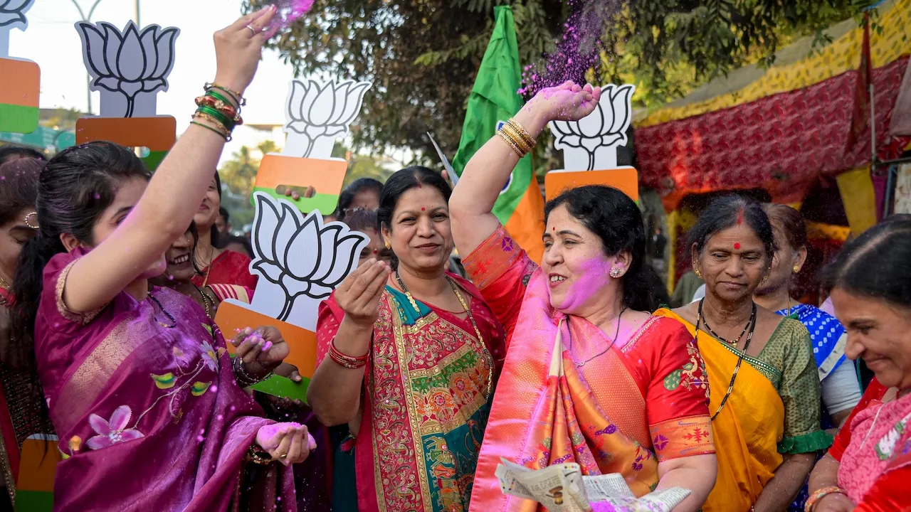 Bharatiya Janata Party workers celebrate the party's candidate's victory in the Nagpur Municipal Corporation elections in Nagpur, Maharashtra, Friday, Jan. 16, 2026.