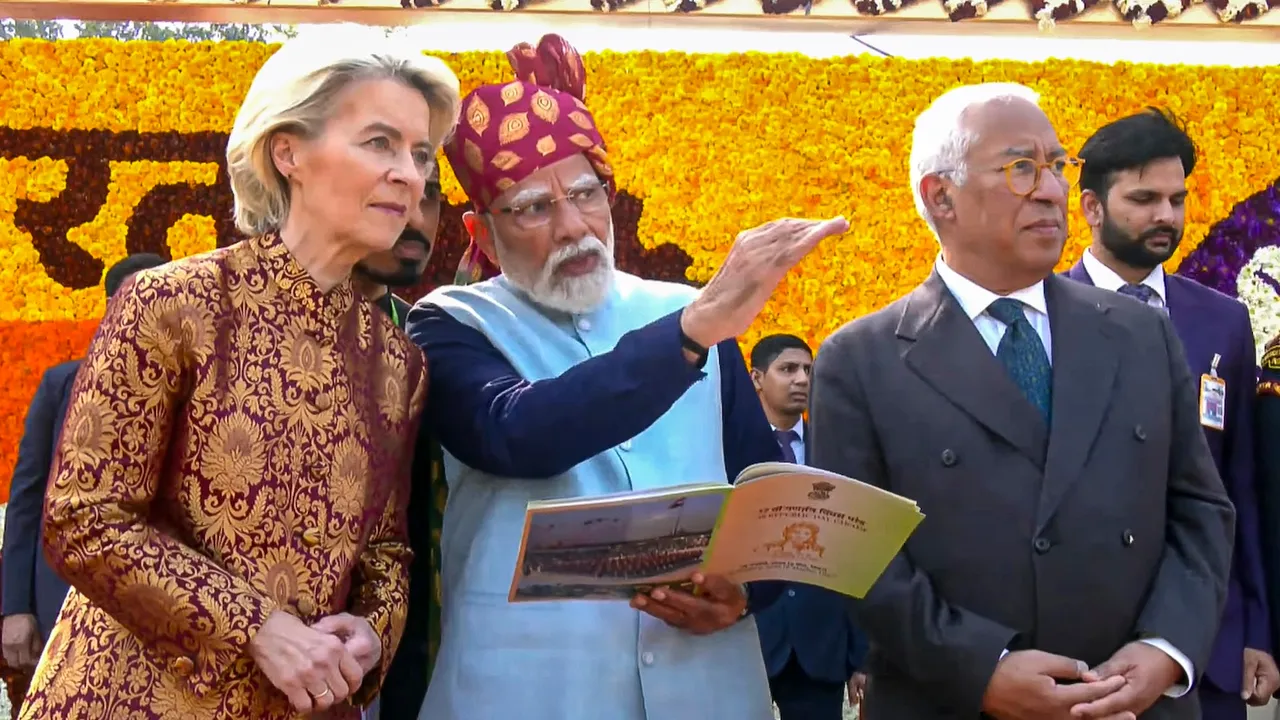 In this screengrab from a video posted on Jan. 26, 2026, Prime Minister Narendra Modi, centre, with President of the European Commission Ursula von der Leyen, left, and President of the European Council Antonio Costa during the 77th Republic Day Parade, at Kartavya Path, in New Delhi.