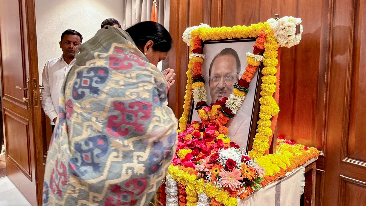 Sunetra Pawar pays tribute to her husband and late party chief Ajit Pawar during the legislature party meeting, at Vidhan Bhavan, in Mumbai, on Saturday, Jan 31, 2026.