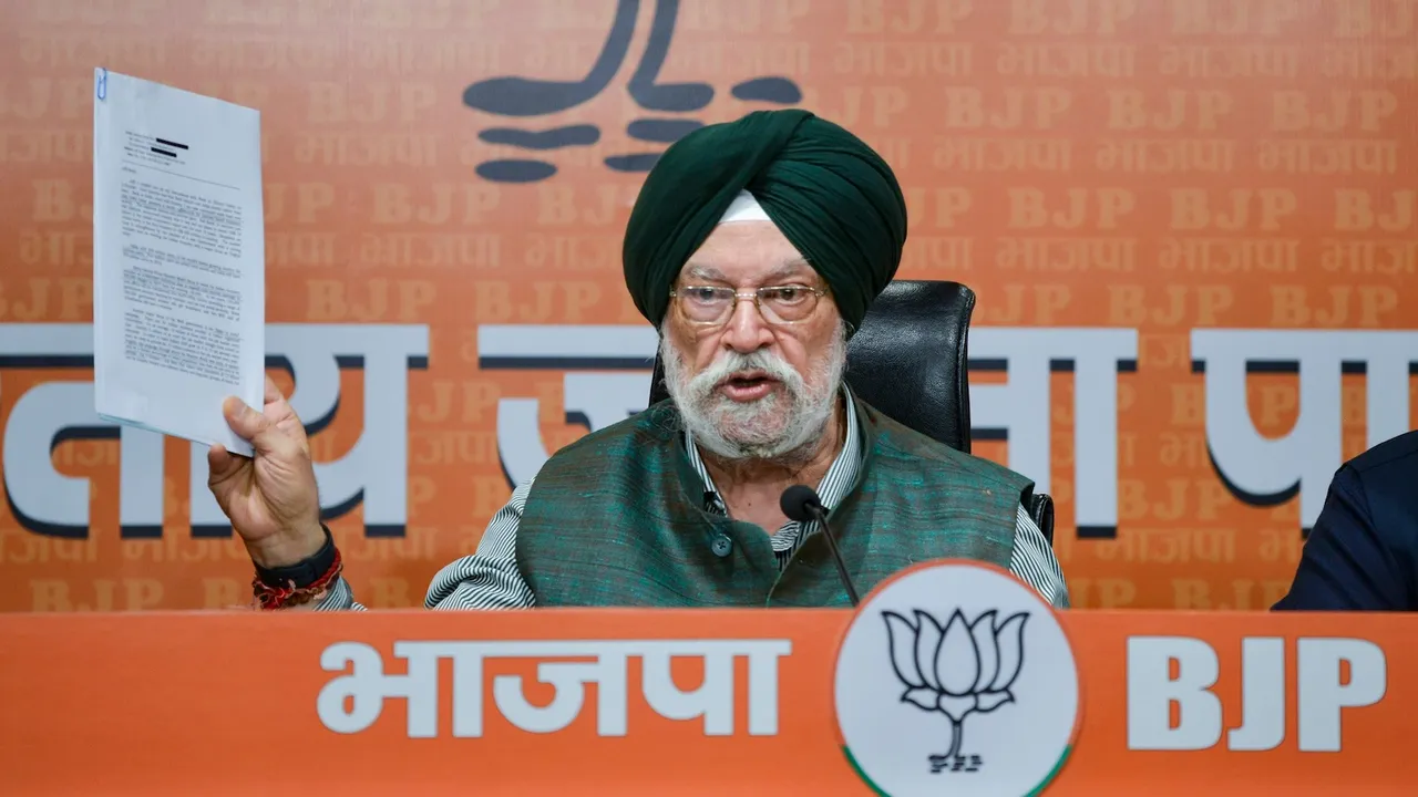 Hardeep Singh Puri addresses a press conference, at BJP headquarters, in New Delhi, Wednesday, Feb. 11, 2026.