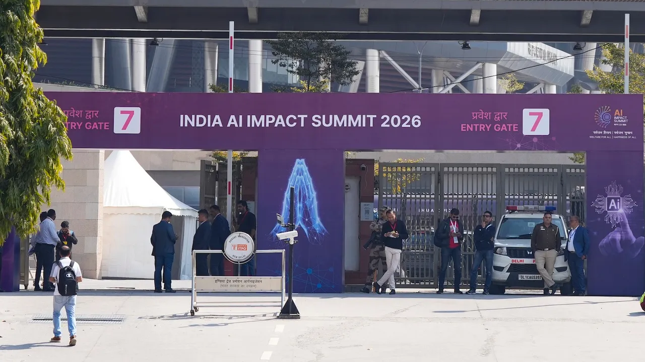 Security officials at the entrance of Bharat Mandapam, ahead of the AI Impact Summit 2026, in New Delhi, Sunday, Feb. 15, 2026.