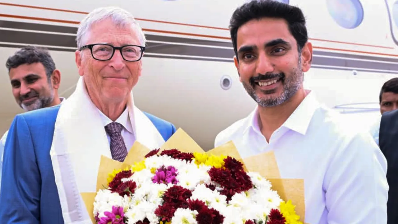 Andhra Pradesh HRD Minister Nara Lokesh, right, receives Former Microsoft CEO Bill Gates at Vijayawada International Airport, near Amaravati, Andhra Pradesh, on Monday, Feb 16, 2026.