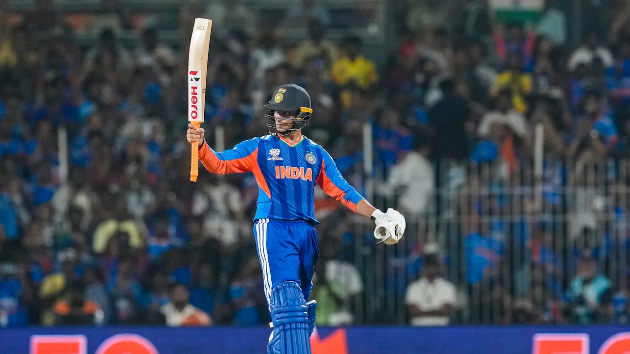 Abhishek Sharma celebrates his half century during an ICC Men's T20 World Cup 2026 cricket match between India and Zimbabwe, at the MA Chidambaram Stadium, in Chennai, Thursday, Feb. 26, 2026.