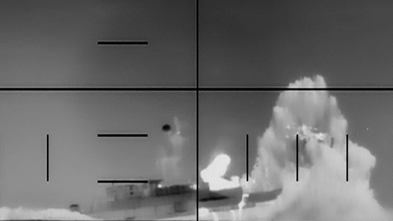 In this screengrab from a video posted on March 4, 2026, shows an explosion on an Iranian warship after it was struck by a US submarine torpedo in the Indian Ocean.