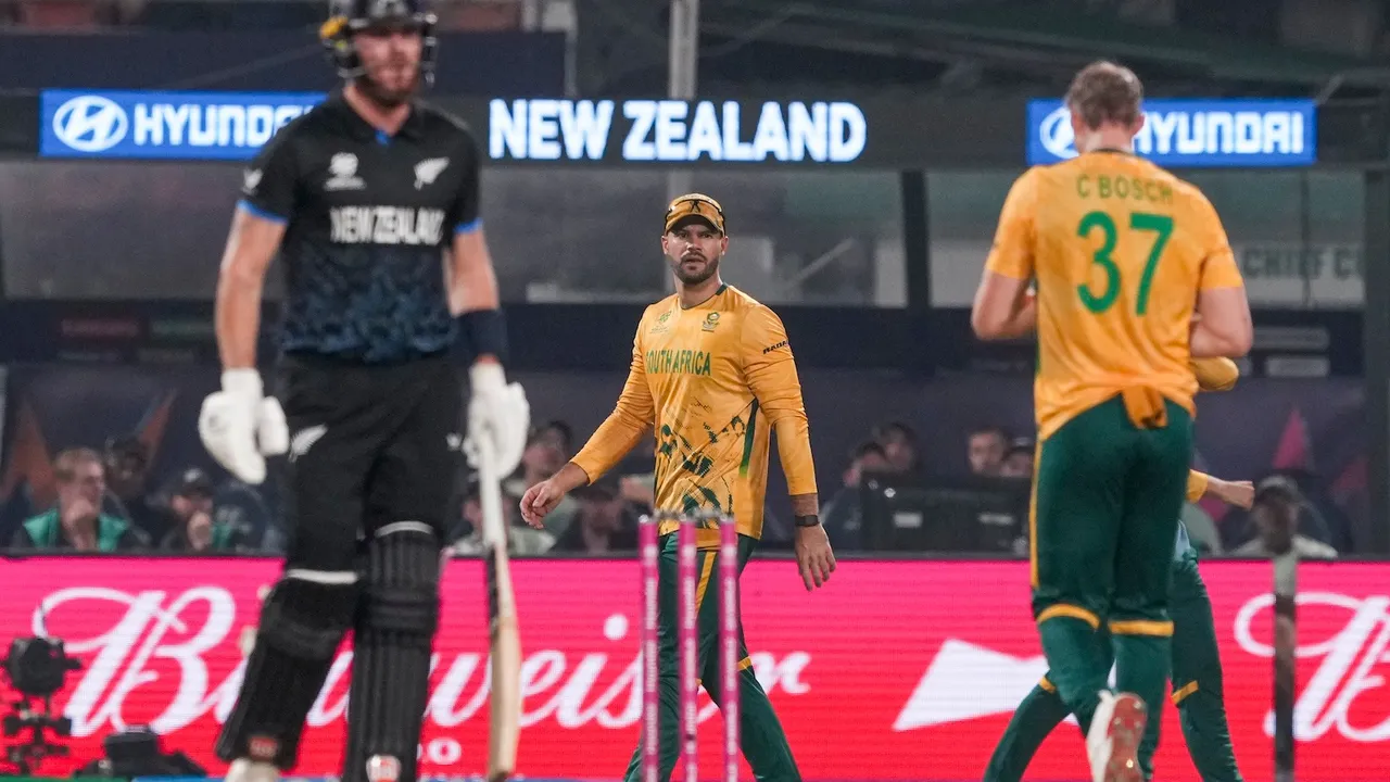 South Africa's captain Aiden Markram, centre, reacts during the ICC Men's T20 World Cup 2026 first semifinal cricket match between South Africa and New Zealand, at Eden Gardens, in Kolkata, Wednesday, March 4, 2026.
