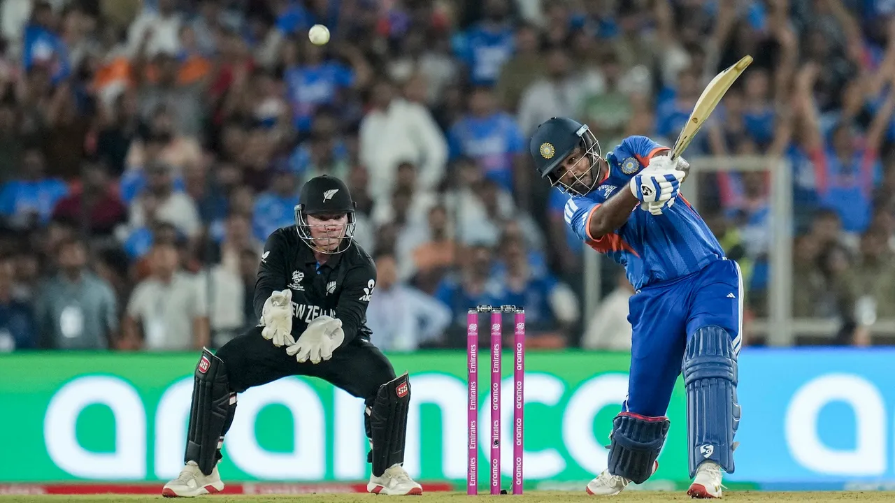 Sanju Samson plays a shot during the ICC Men's T20 World Cup 2026 final cricket match between India and New Zealand at Narendra Modi Stadium, in Ahmedabad, Gujarat, Sunday, March 8, 2026.