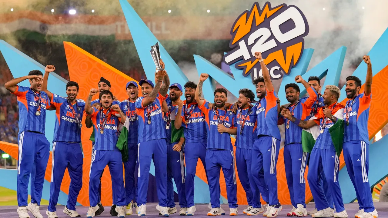 Suryakumar Yadav and teammates celebrate with the tournament trophy during the presentation ceremony after winning the ICC Men's T20 World Cup 2026, at Narendra Modi Stadium, in Ahmedabad, Gujarat, Sunday, March 8, 2026.