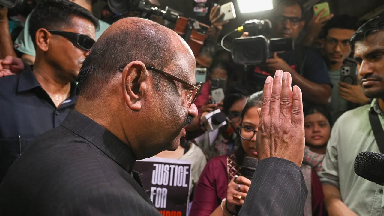 West Bengal Governor C. V. Ananda Bose speaks to the media during his visit at the emergency department of RG Kar Medical College and Hospital in Kolkata, Thursday, Aug. 15, 2024
