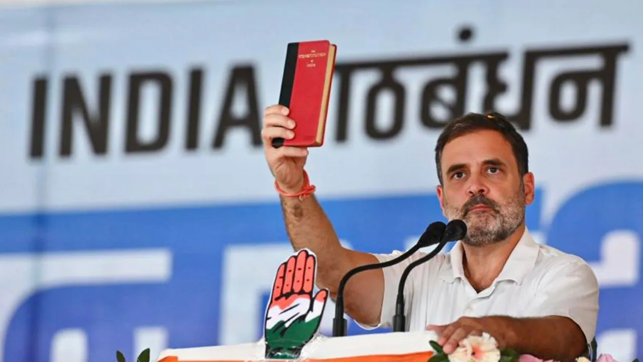 Congress leader Rahul Gandhi during a public meeting of I.N.D.I.A. for Lok Sabha elections, in Jalaun district, Tuesday, May 14, 2024