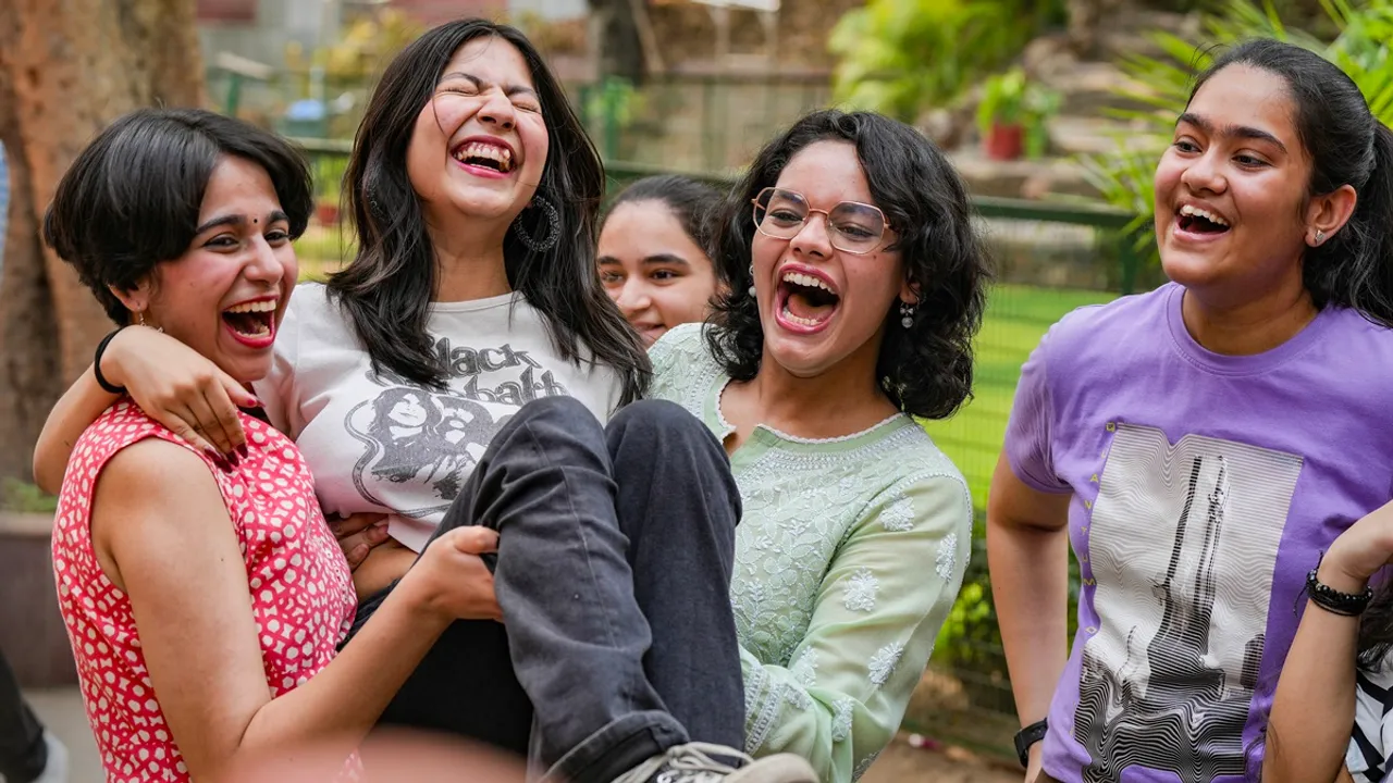Students celebrate after the announcement of class 12th board exam results by the Central Board of Secondary Education (CBSE), in New Delhi, Monday, May 13, 2024