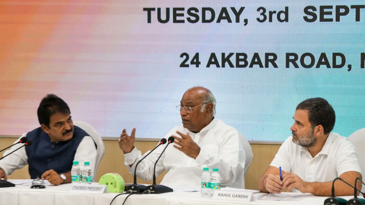 Leader of Opposition in Lok Sabha and Congress MP Rahul Gandhi with party President Mallikarjun Kharge and party MP K C Venugopal during meeting with party secretaries and joint secretaries, in New Delhi, Tuesday, Sept. 3, 2024.
