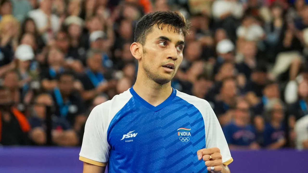 India's Lakshya Sen returns a shot during the Men's Singles Semifinal badminton match against Denmark's Viktor Axelsen at the 2024 Summer Olympics, in Paris, France, Sunday, Aug. 4, 2024.