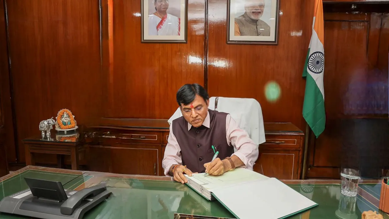Union Minister Mansukh Mandaviya takes charge as Minister of Labour and Employment, in New Delhi.
