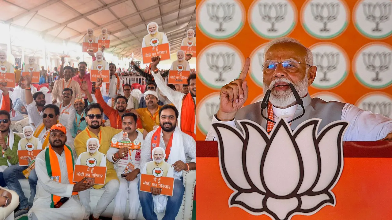 BJP supporters during Prime Minister Narendra Modi's public meeting for Lok Sabha elections, at Ghosi in Mau district, Sunday, May 26, 2024