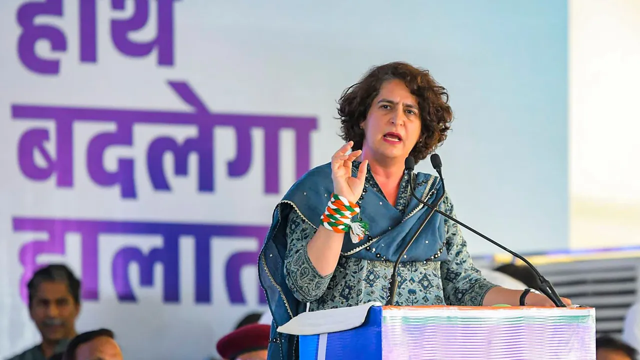 Congress leader Priyanka Gandhi speaks during a public meeting, ahead of Lok Sabha elections, in Jaipur, Saturday, April 6, 2024